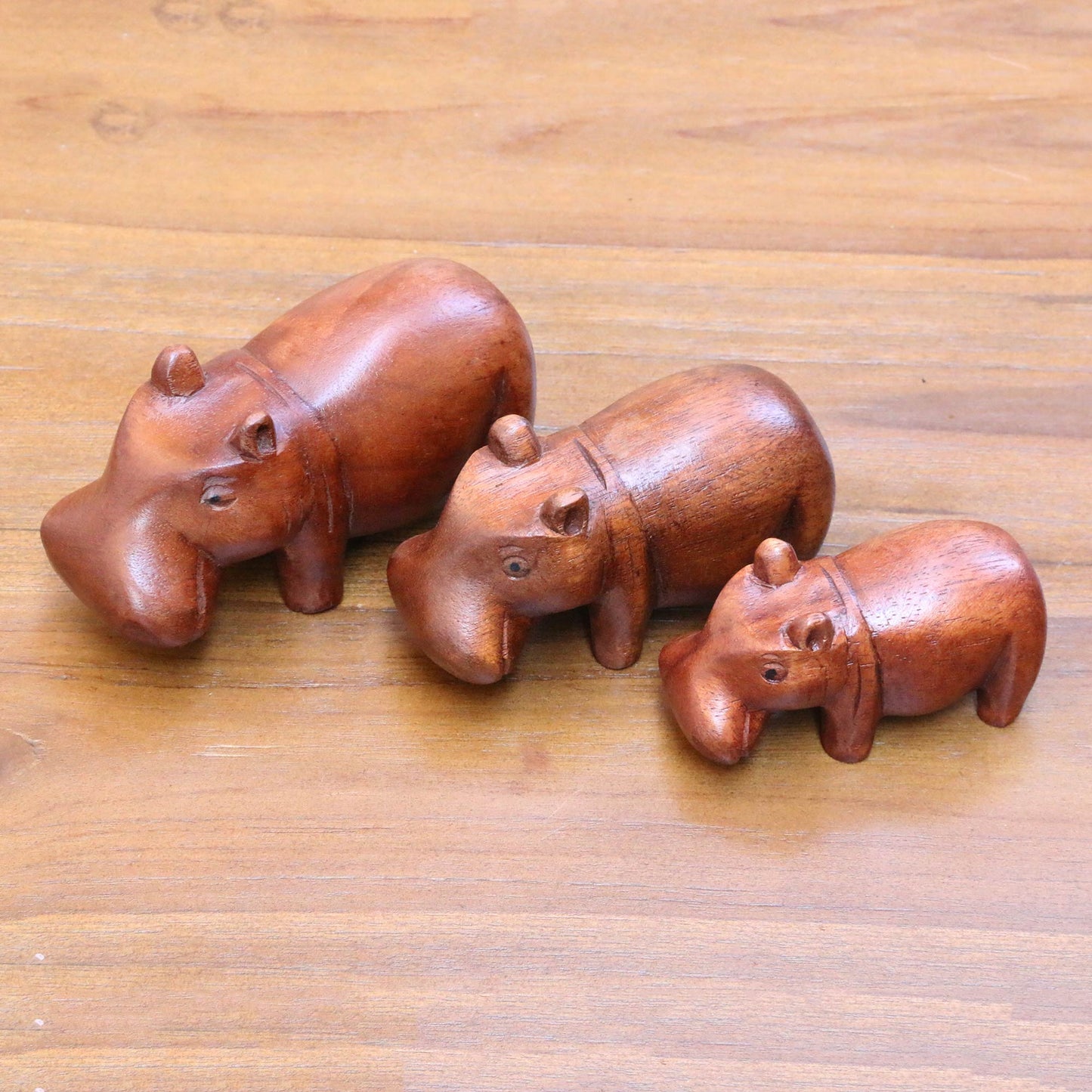 Hippo Family Artisan Made Set of 3 Hippo Sculptures with Natural Finish