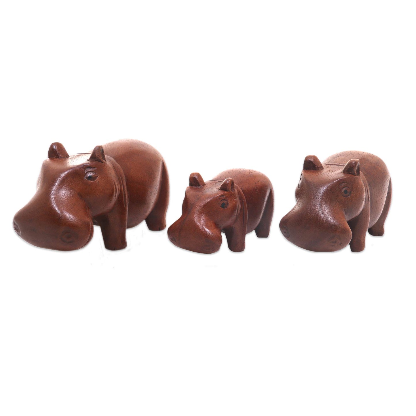 Hippo Family Artisan Made Set of 3 Hippo Sculptures with Natural Finish