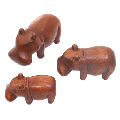 Hippo Family Artisan Made Set of 3 Hippo Sculptures with Natural Finish