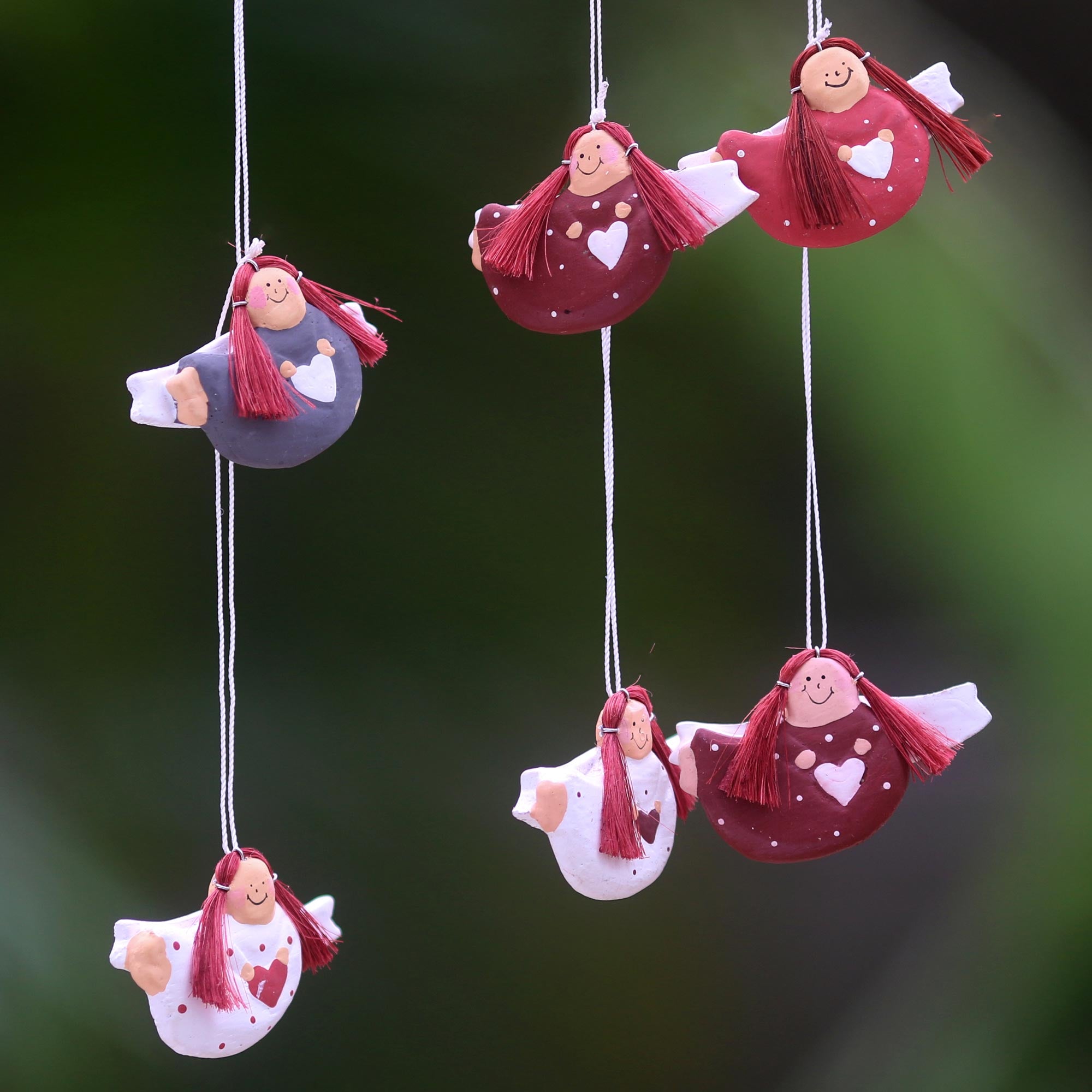 NOVICA Red-headed Angels Set of 6 Red-Haired Wooden Angel Ornaments ...