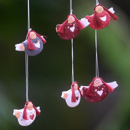 Red-headed Angels Set of 6 Red-Haired Wooden Angel Ornaments with Hearts