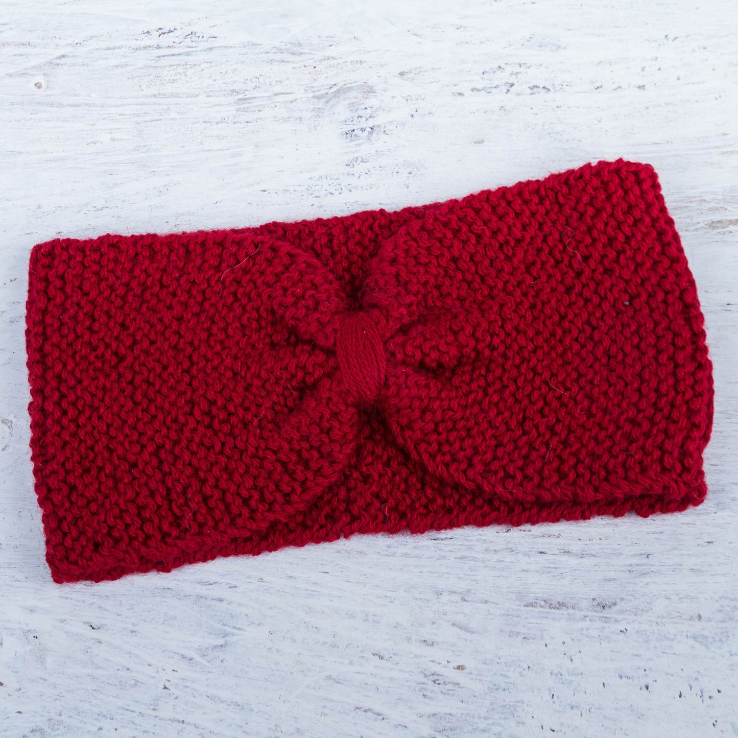 Crimson Bow Knitted Red 100% Alpaca Wool Ear Warmer from Peru