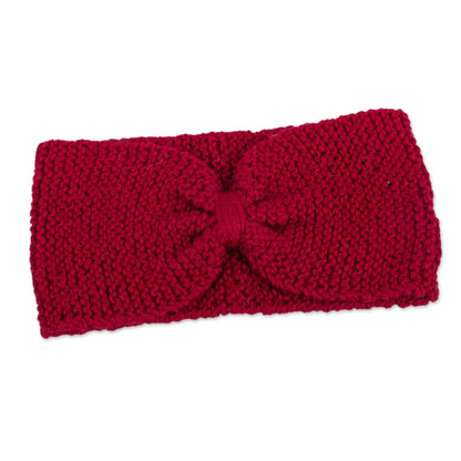 Crimson Bow Knitted Red 100% Alpaca Wool Ear Warmer from Peru