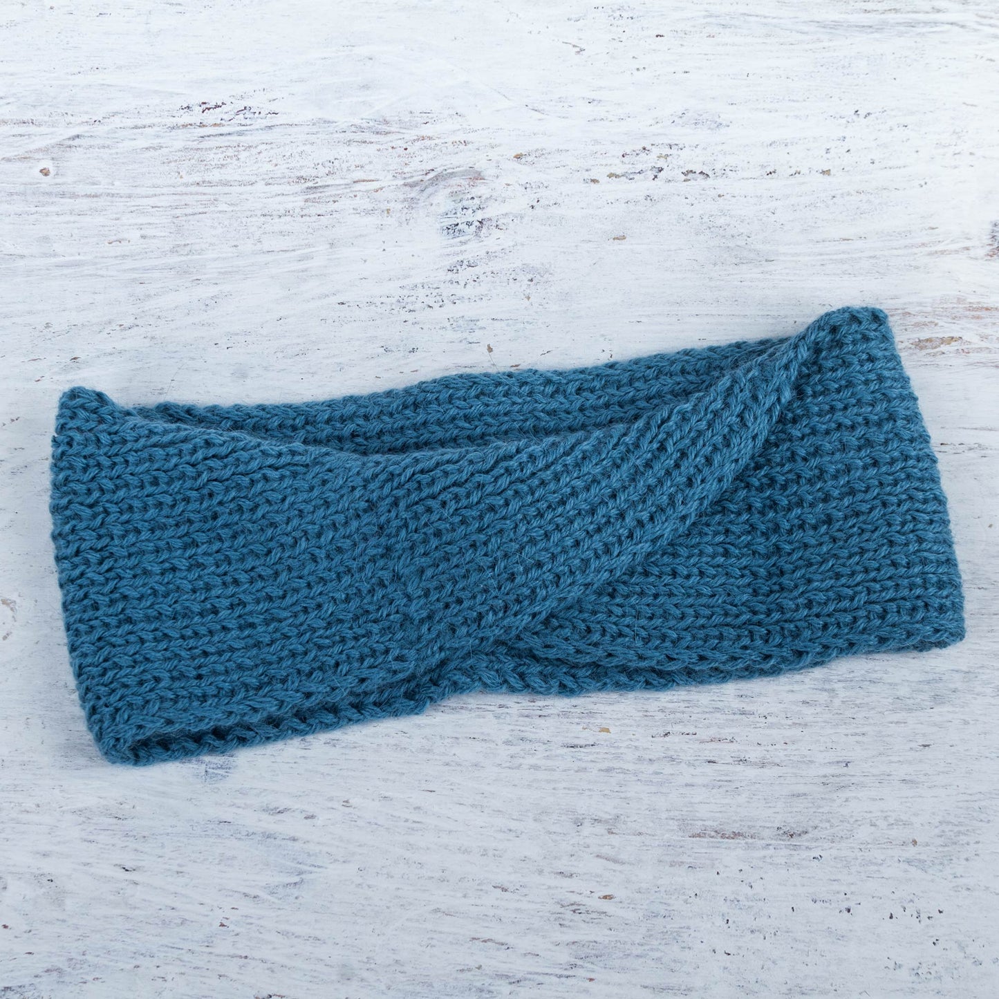 Blue Twist Blue 100% Alpaca Ear Warmer Knitted in Peru