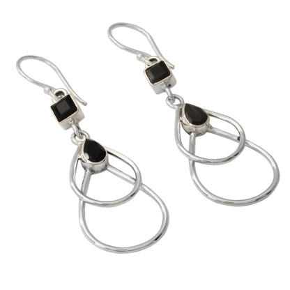 Black Ice Onyx Dangle Style Earrings Set in Polished Sterling Silver