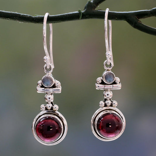 Misty Moon Garnet Silver Dangle Earrings