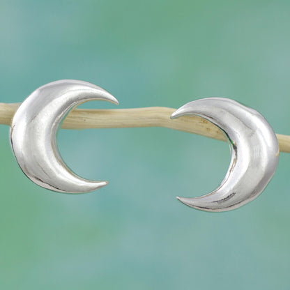 Twilight Moons Shiny Crescent Moon 925 Silver Button Earrings from Mexico