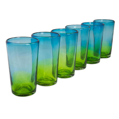 Aurora Tapatia 6 Artisan Crafted Blue Green Blown Glass Highball Glasses