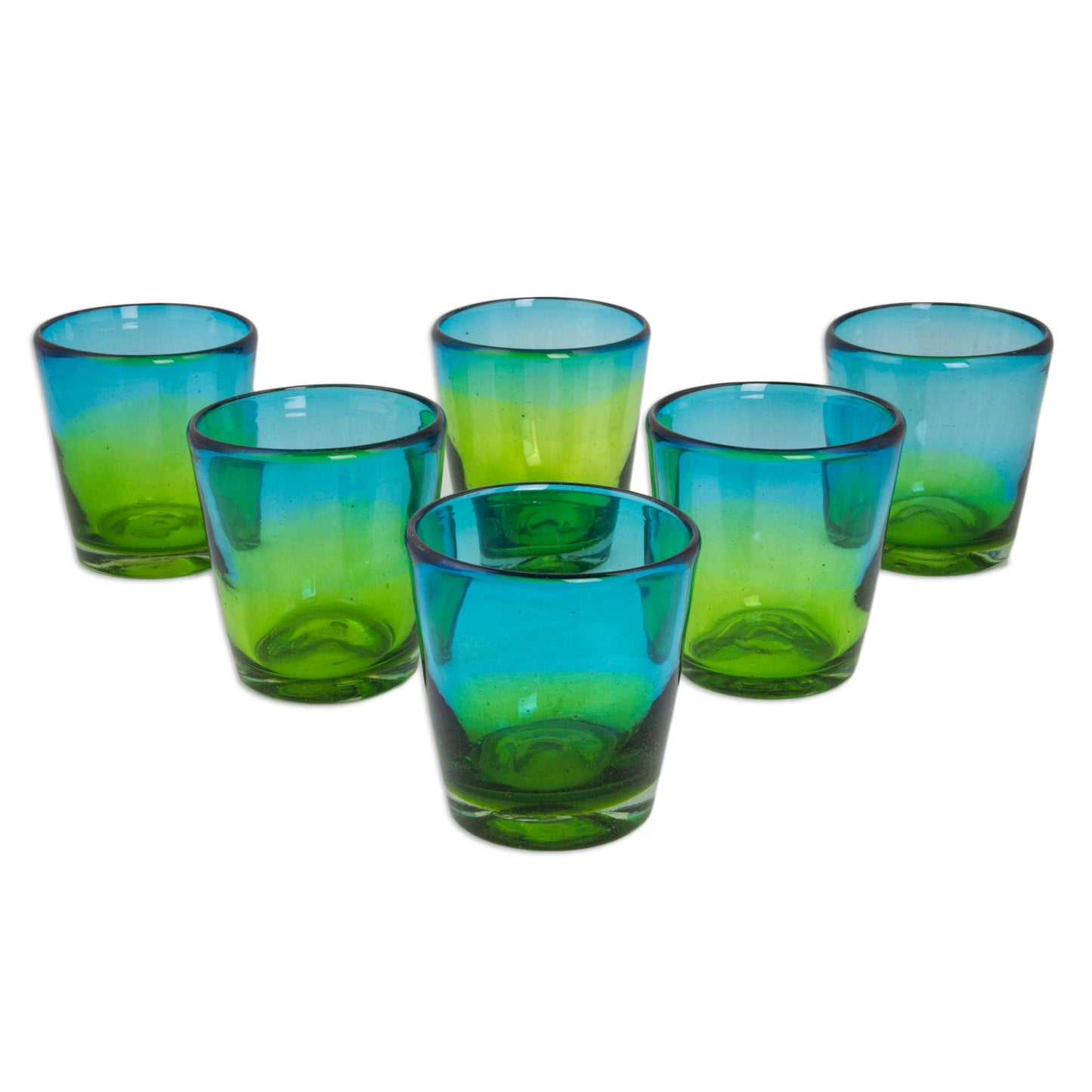 Aurora Tapatia Mexican Green Blue 8 oz Rocks Glasses Hand Blown Set of 6