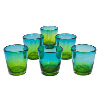 Aurora Tapatia Mexican Green Blue 8 oz Rocks Glasses Hand Blown Set of 6