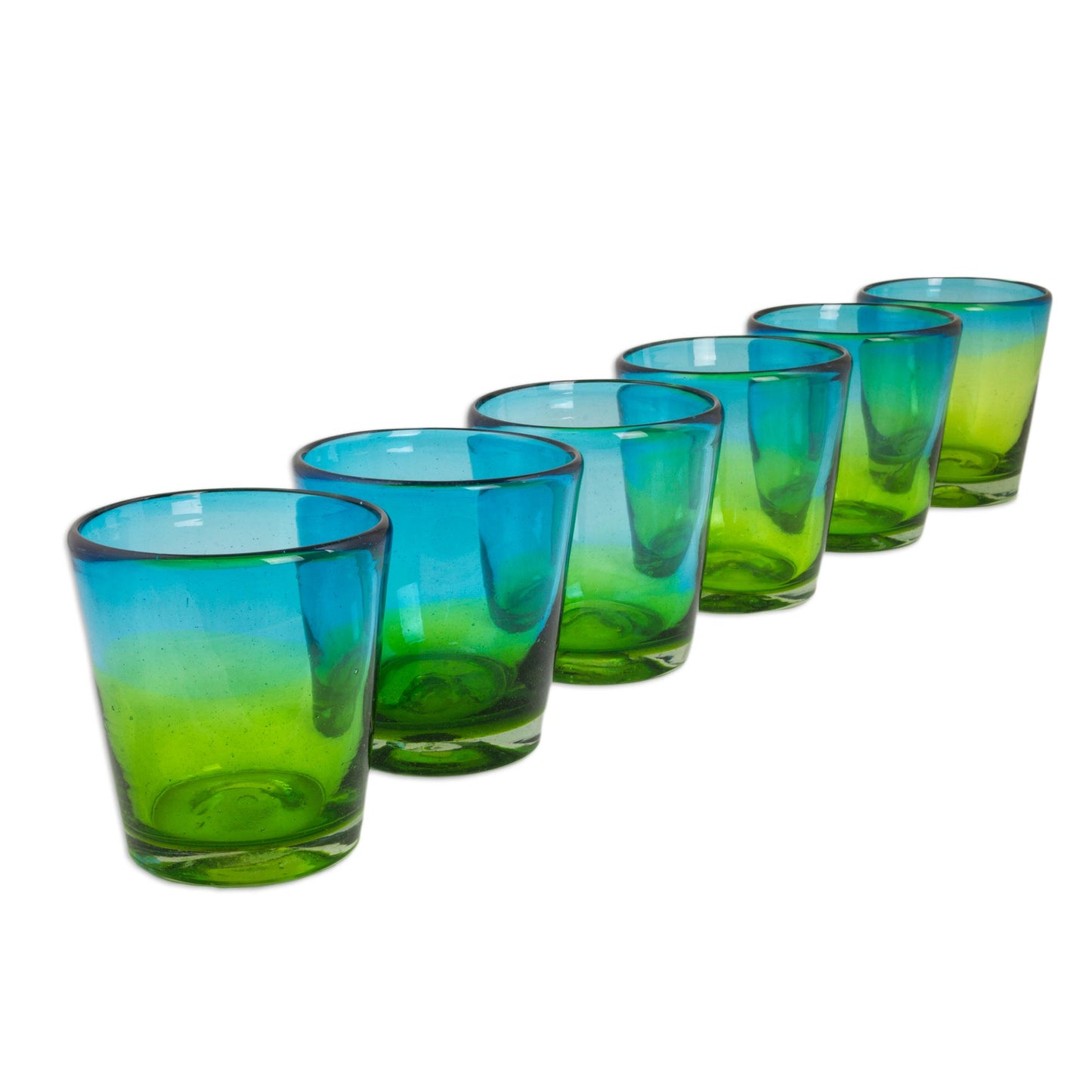 Aurora Tapatia Mexican Green Blue 8 oz Rocks Glasses Hand Blown Set of 6