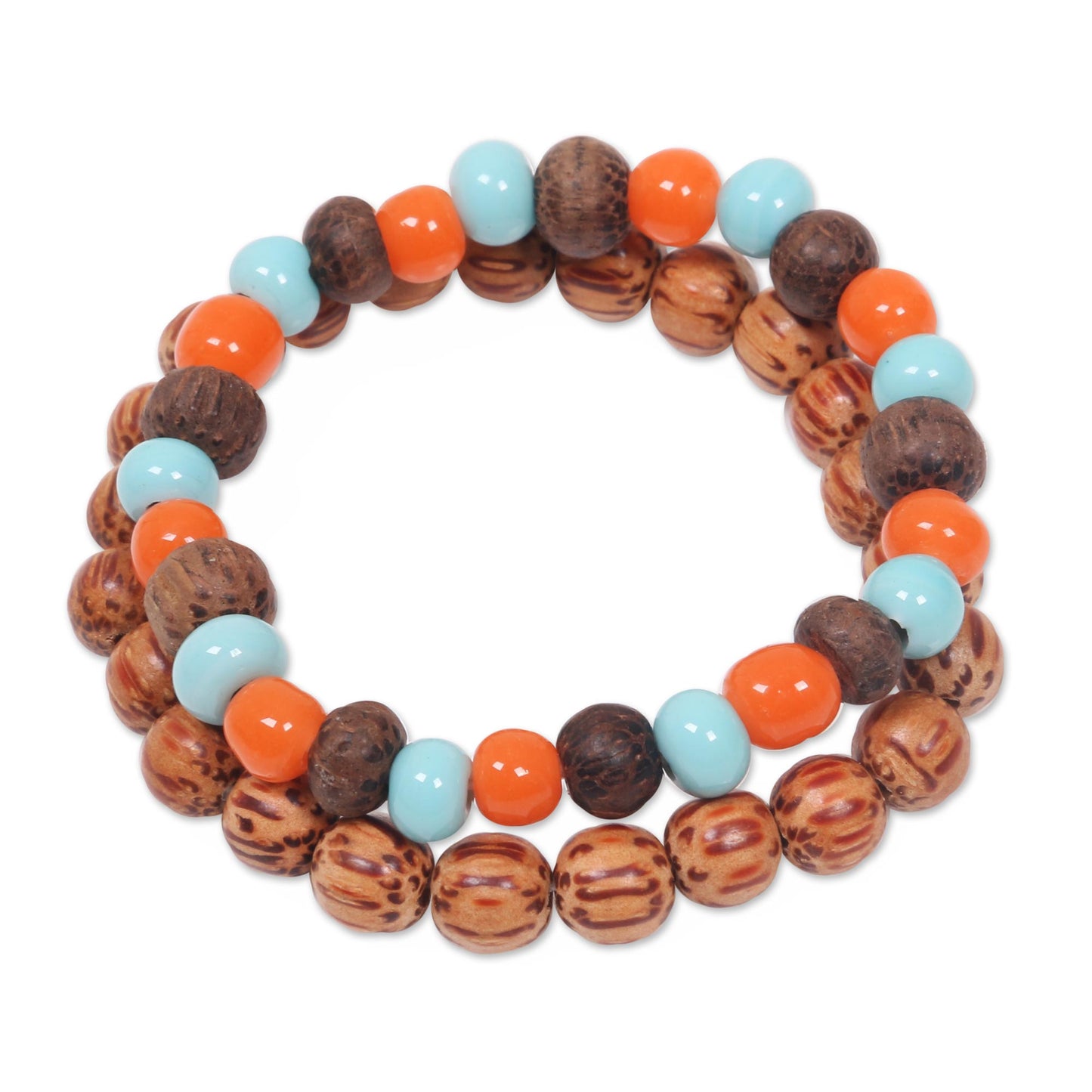 Bangli Dawn Artisan Crafted Ceramic and Wood Bead Bracelets (Pair)