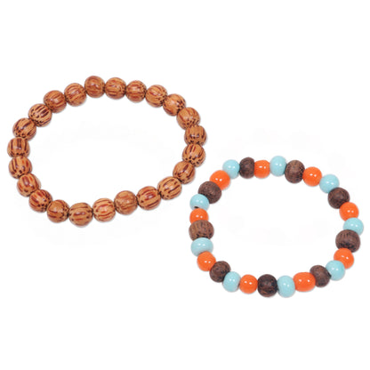 Bangli Dawn Artisan Crafted Ceramic and Wood Bead Bracelets (Pair)