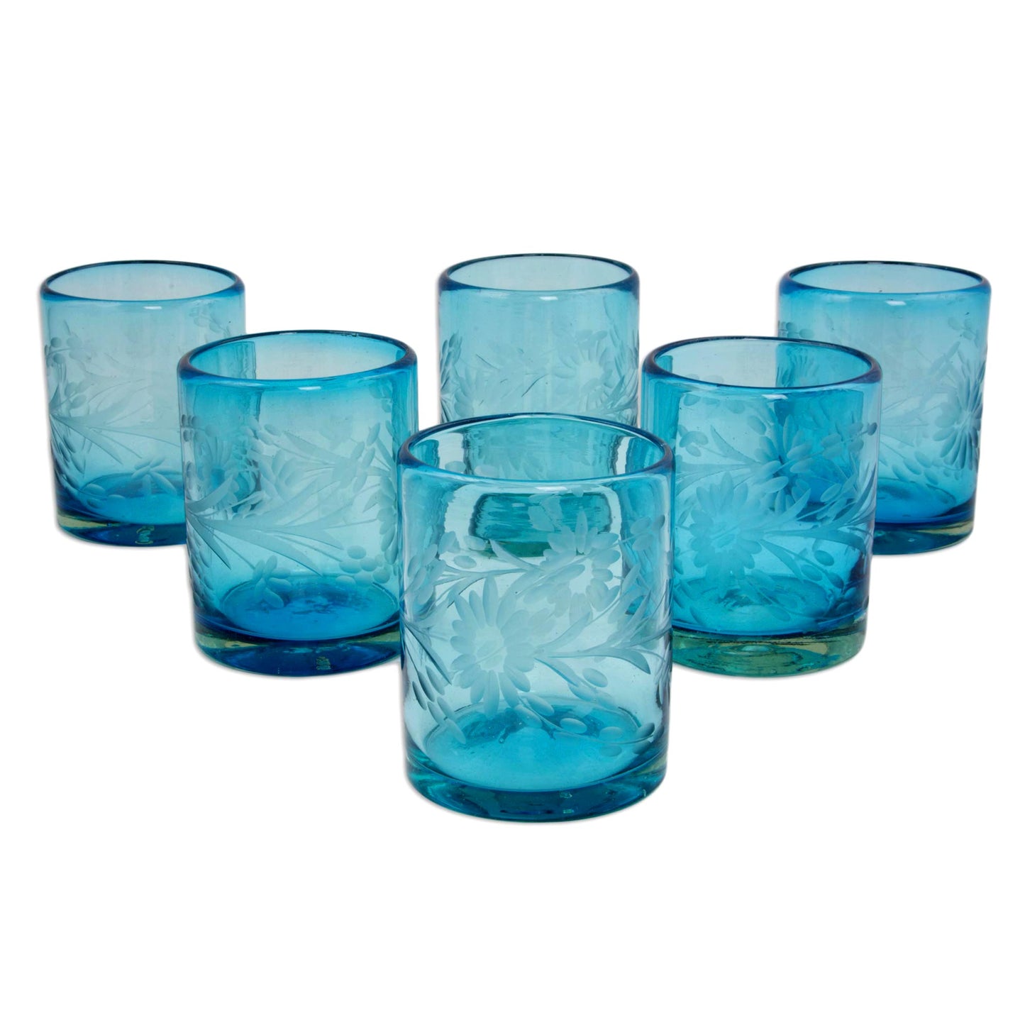 Aquamarine Sunflowers Engraved Pepita Flowers on Hand Blown Rocks Glassed Set of 6