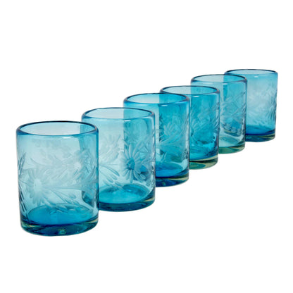 Aquamarine Sunflowers Engraved Pepita Flowers on Hand Blown Rocks Glassed Set of 6