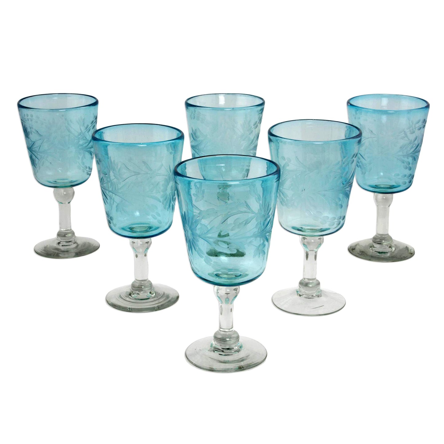 Aquamarine Sunflowers Engraved Pepita Flowers on Hand Blown Wine Glasses Set of 6