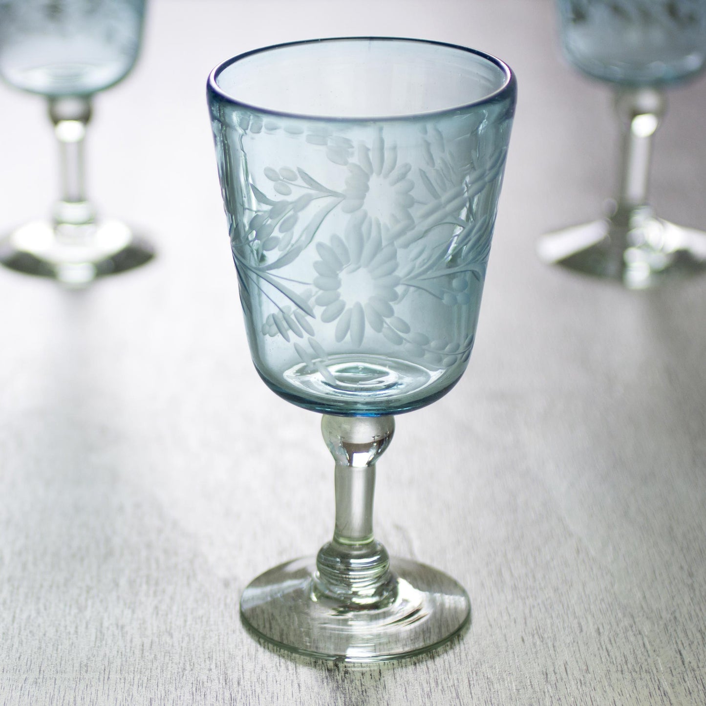 Aquamarine Sunflowers Engraved Pepita Flowers on Hand Blown Wine Glasses Set of 6