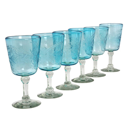 Aquamarine Sunflowers Engraved Pepita Flowers on Hand Blown Wine Glasses Set of 6