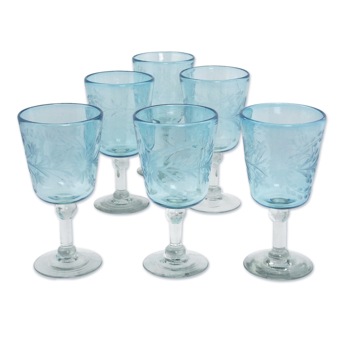 Aquamarine Sunflowers Engraved Pepita Flowers on Hand Blown Wine Glasses Set of 6