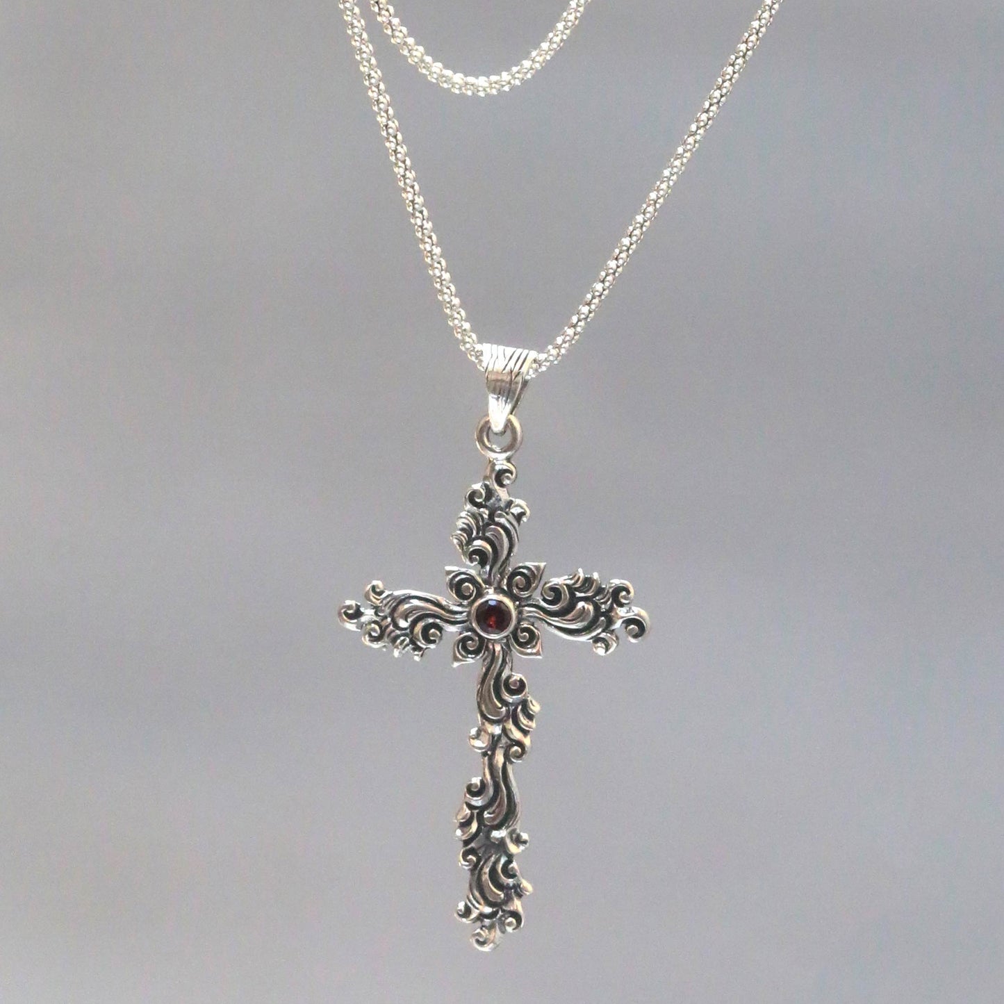 Balinese Floral Cross Hand Crafted Sterling Silver Necklace with Cross Pendant