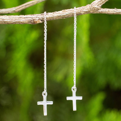 Chain of Purity Hand Crafted Sterling Silver Cross Threader Earrings