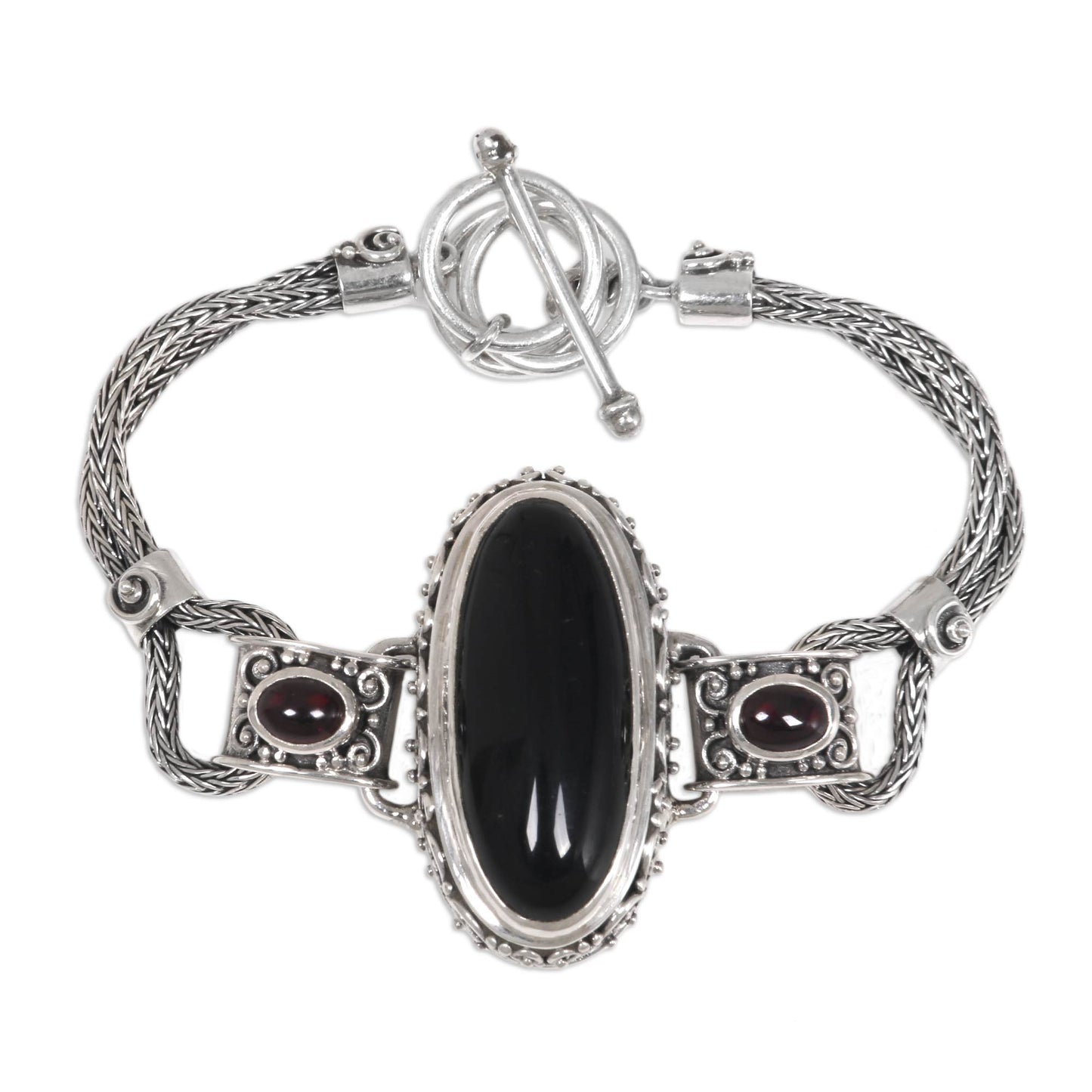 Royal Presence Balinese Style Pendant Bracelet with Onyx and Garnet