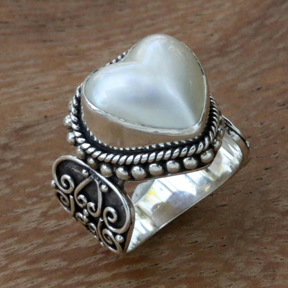 Romance in White Ornate Cocktail Ring with Heart Shaped White Mabe Pearl