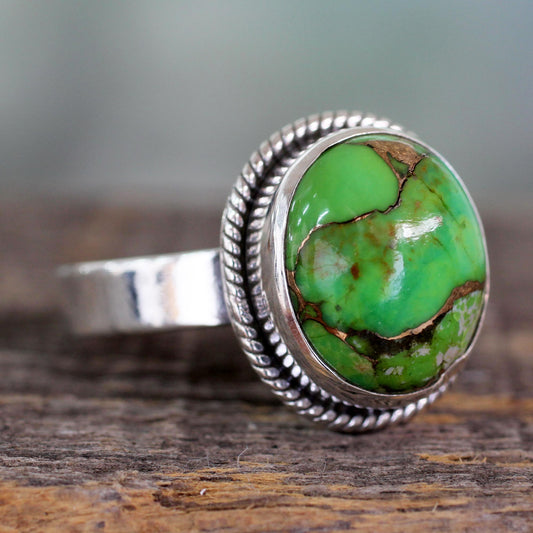 Green Fields in Jaipur Silver Silver Ring with Green Composite Turquoise