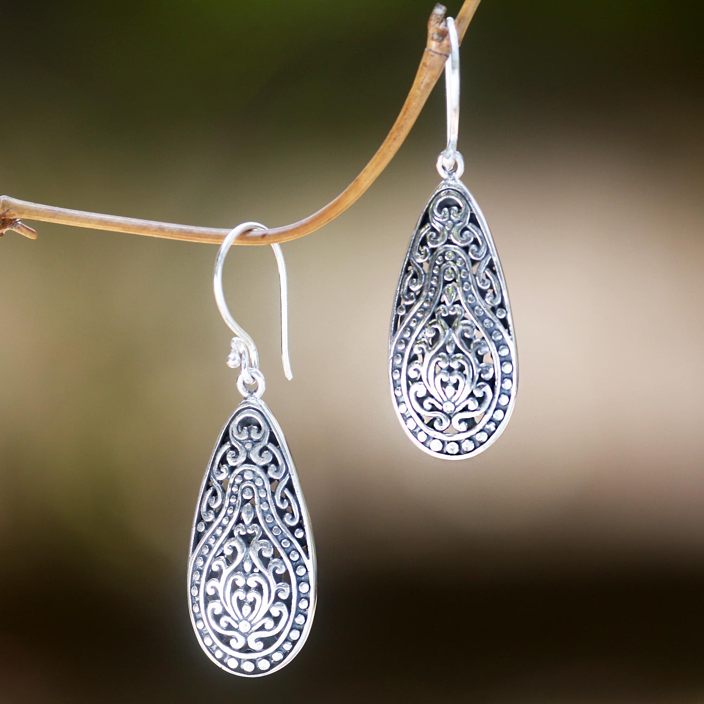 Floral Pear Engraved Sterling Silver Dangle Earrings from Bali