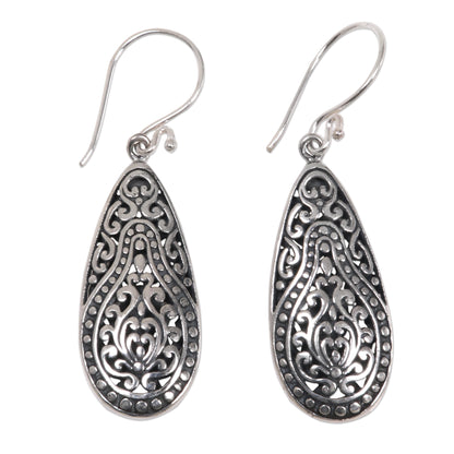 Floral Pear Engraved Sterling Silver Dangle Earrings from Bali