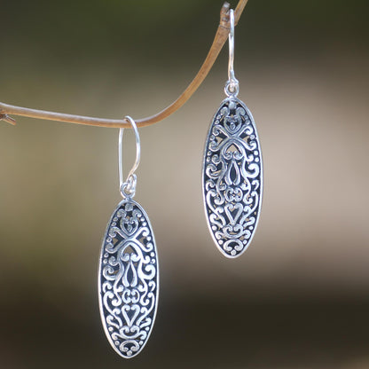 Balinese Floral Engraved Sterling Silver Dangle Earrings with Floral Motif