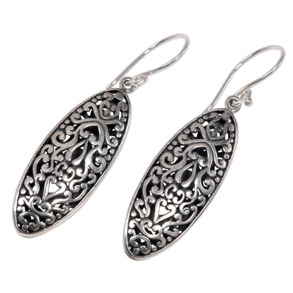 Balinese Floral Engraved Sterling Silver Dangle Earrings with Floral Motif