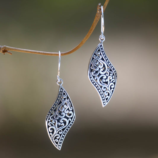 Voluptuous Leaf Ornate Leaf Theme Balinese Sterling Silver Artisan Earrings