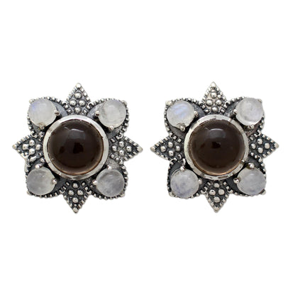 Mughal Moonlight Smoky Quartz & Silver Button Earrings