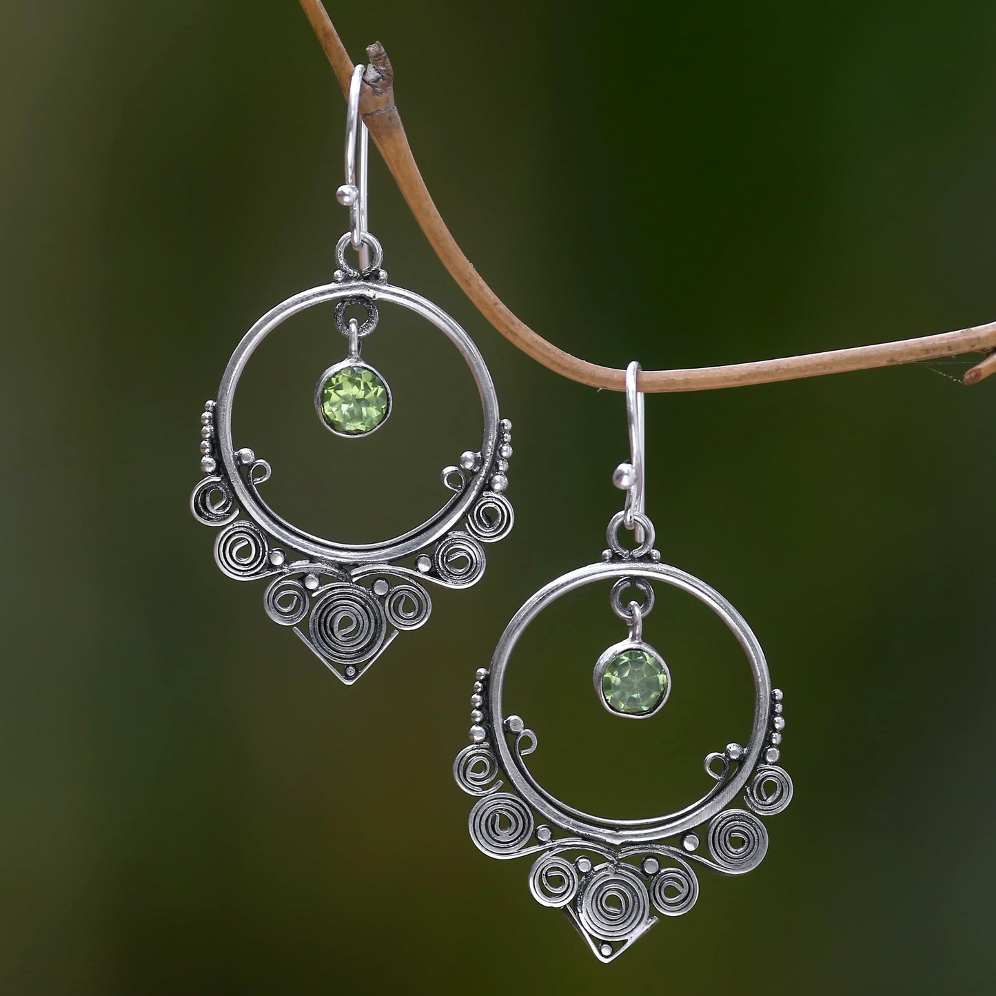 Opulence Ornate Sterling Silver Dangle Earrings with Peridot