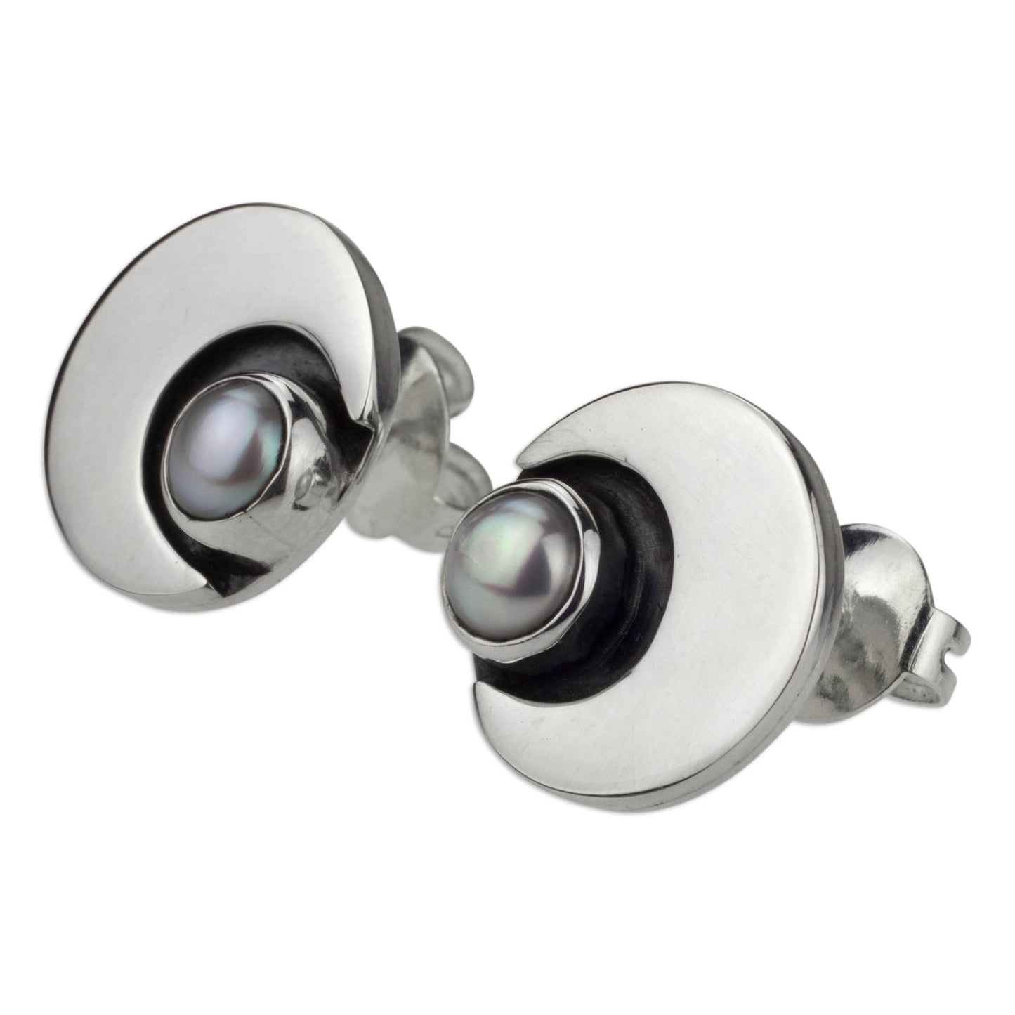 Iridescent Moon 950 Silver and Pearl Moon Earrings Mexico Taxco Jewelry