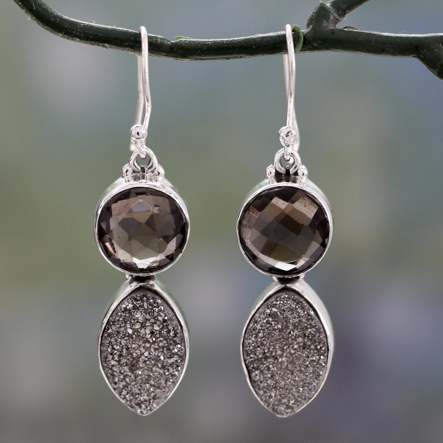 Stormy Night Sterling Silver Dangle Earrings with Drusy and Smoky Quartz