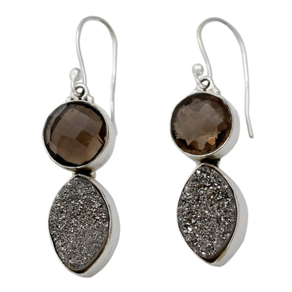 Stormy Night Sterling Silver Dangle Earrings with Drusy and Smoky Quartz