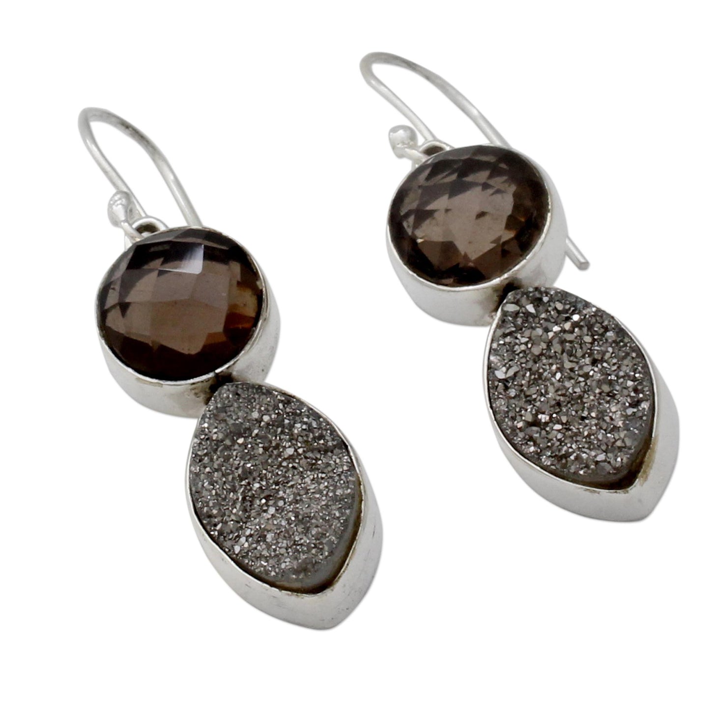 Stormy Night Sterling Silver Dangle Earrings with Drusy and Smoky Quartz