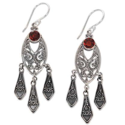 Balinese Wind Chime Handcrafted Garnet Chandelier Earrings in Sterling Silver