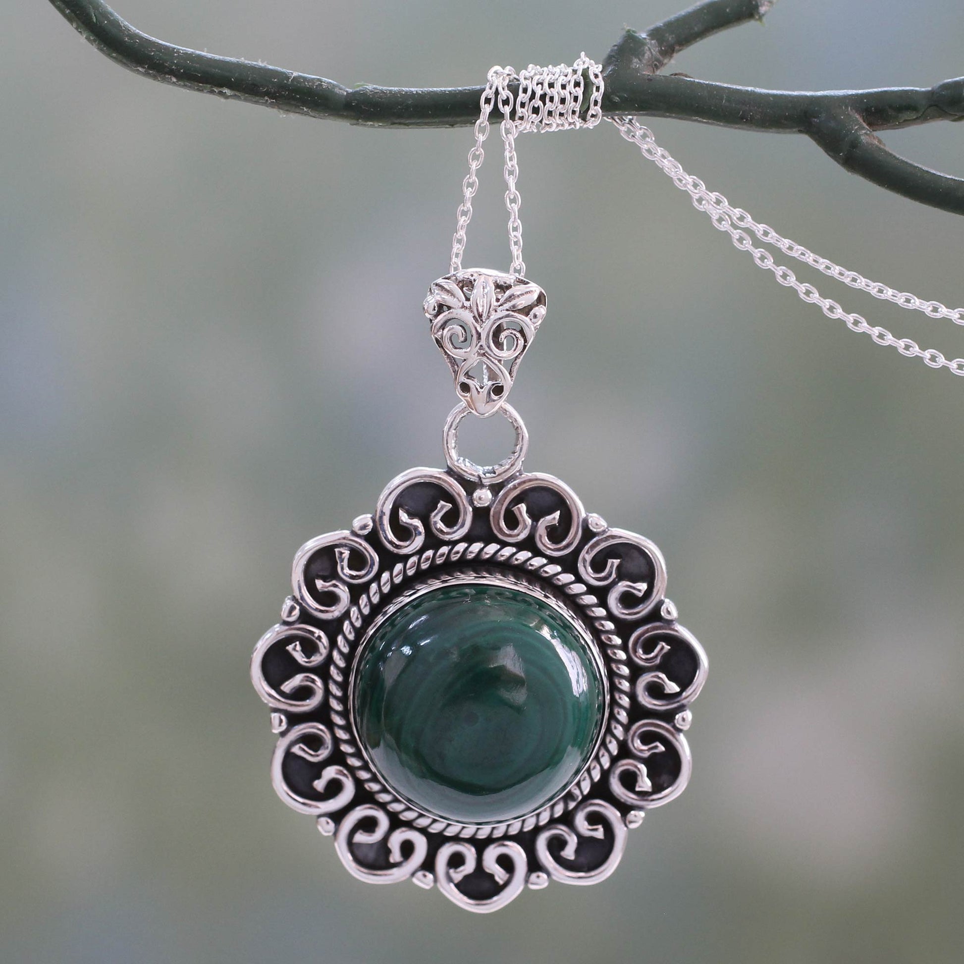 NOVICA Forest Reverie Natural Malachite Pendant Necklace in 925