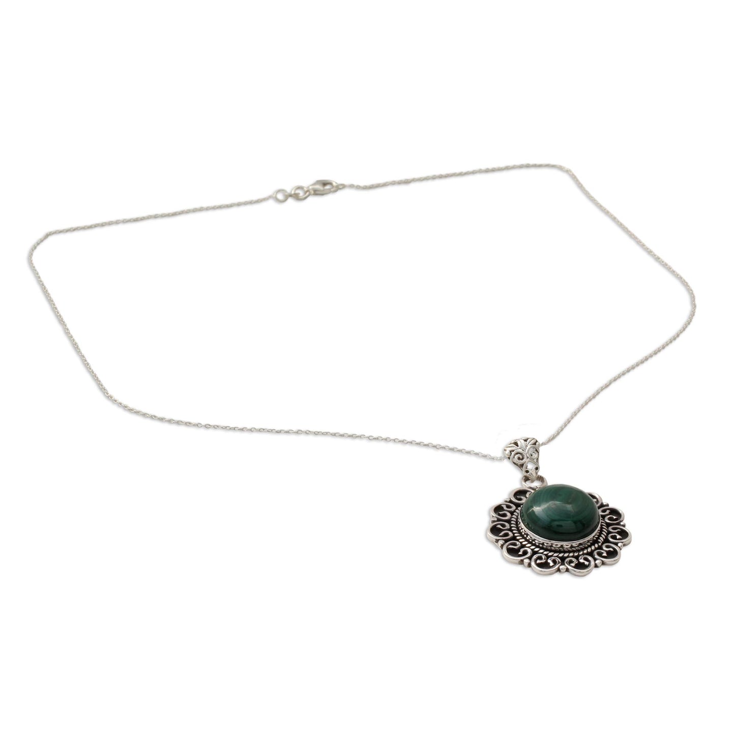 Forest Reverie Natural Malachite Pendant Necklace in 925 Sterling SIlver