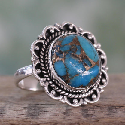 Golden Aqua Swirls Composite Turquoise Ring with Sterling Silver Petals