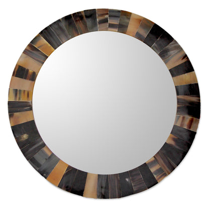 Natural Melange Unique Round Wall Mirror Tiled with Buffalo Horn