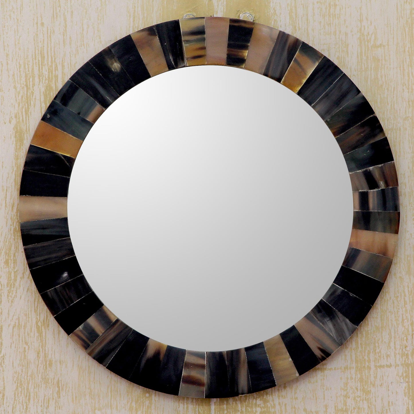 Natural Melange Unique Round Wall Mirror Tiled with Buffalo Horn