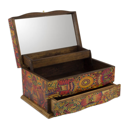 Huichol Enchantment Huichol Theme Decoupage on Pinewood Jewelry Box with 3 Decks