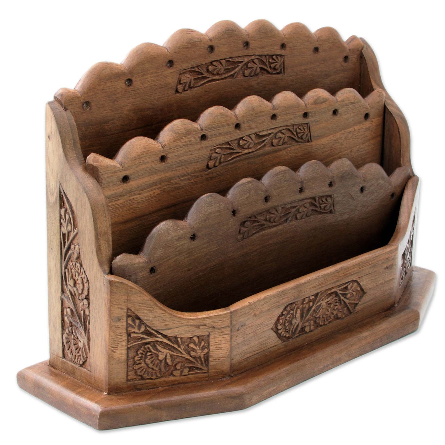 Blooming Floral Vines Artisan Crafted Walnut Wood Letter Rack with Floral Motif