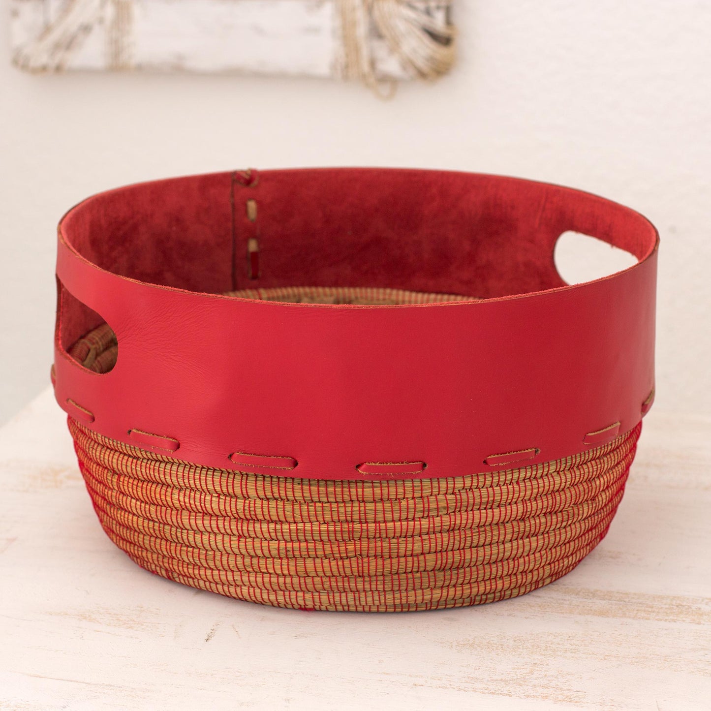 Vibrant Red Hand Crafted Red Leather and Pine Basket from Nicaragua