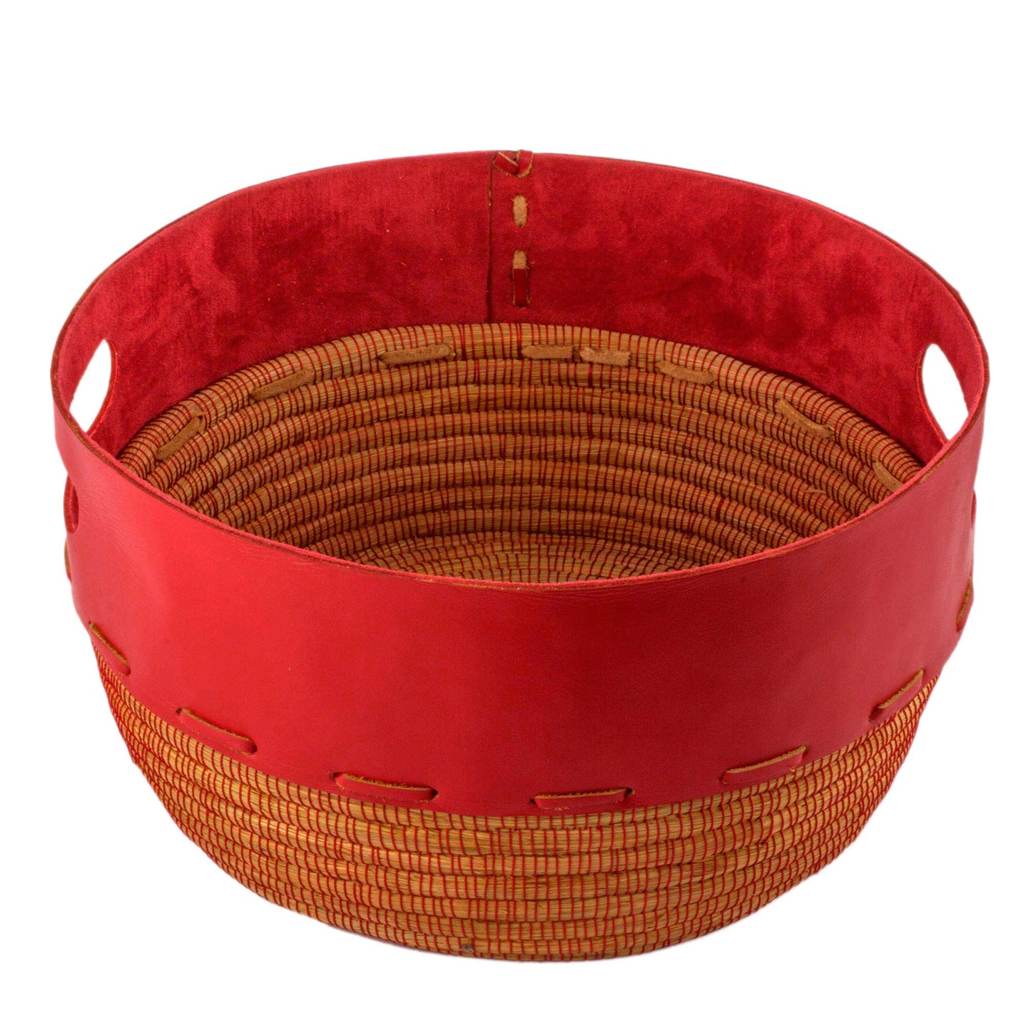 Vibrant Red Hand Crafted Red Leather and Pine Basket from Nicaragua