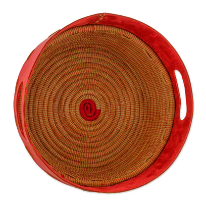 Vibrant Red Hand Crafted Red Leather and Pine Basket from Nicaragua